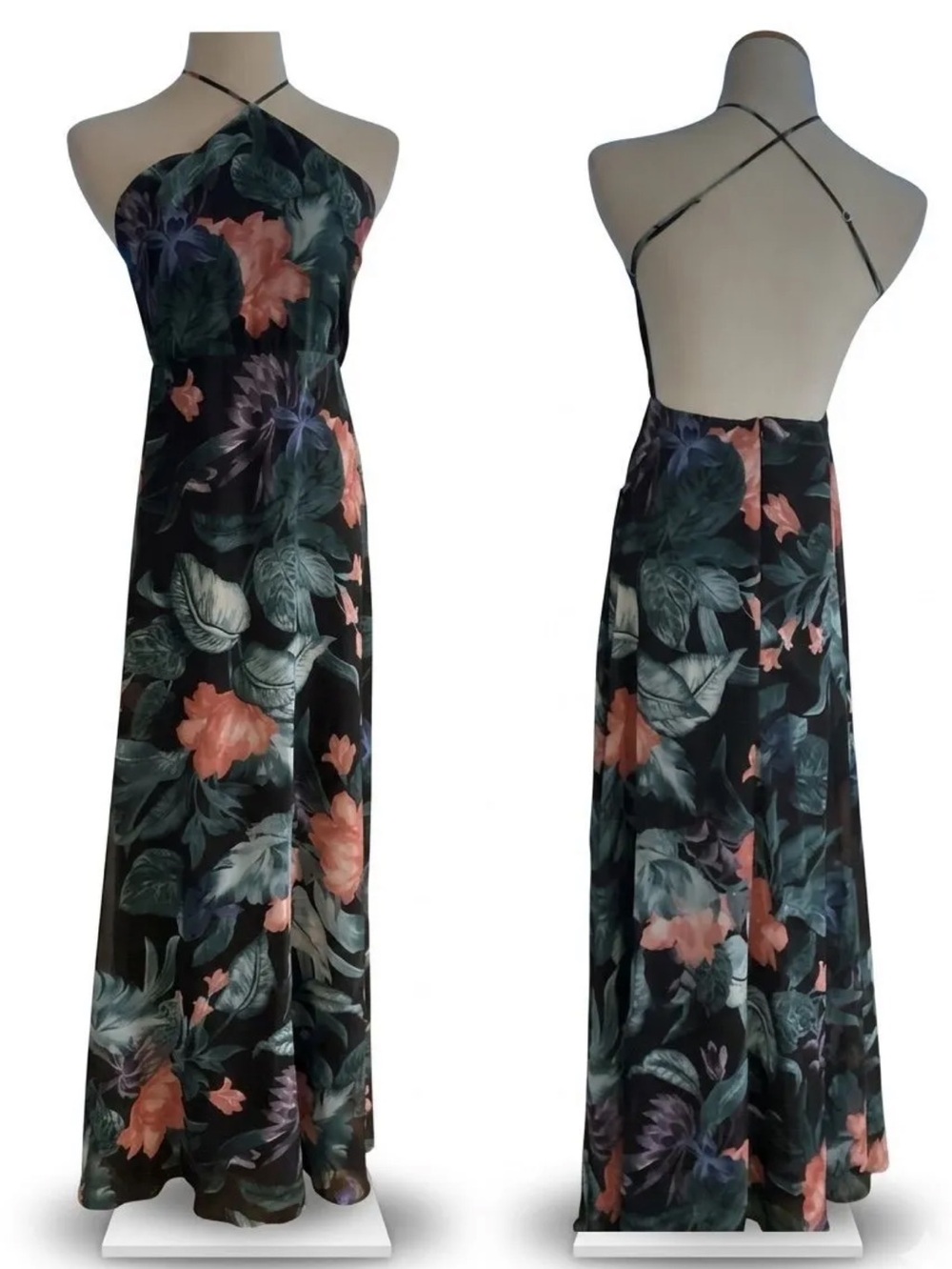 Lulu's Black Floral Halter Maxi Dress with Coral and Green Print Size L